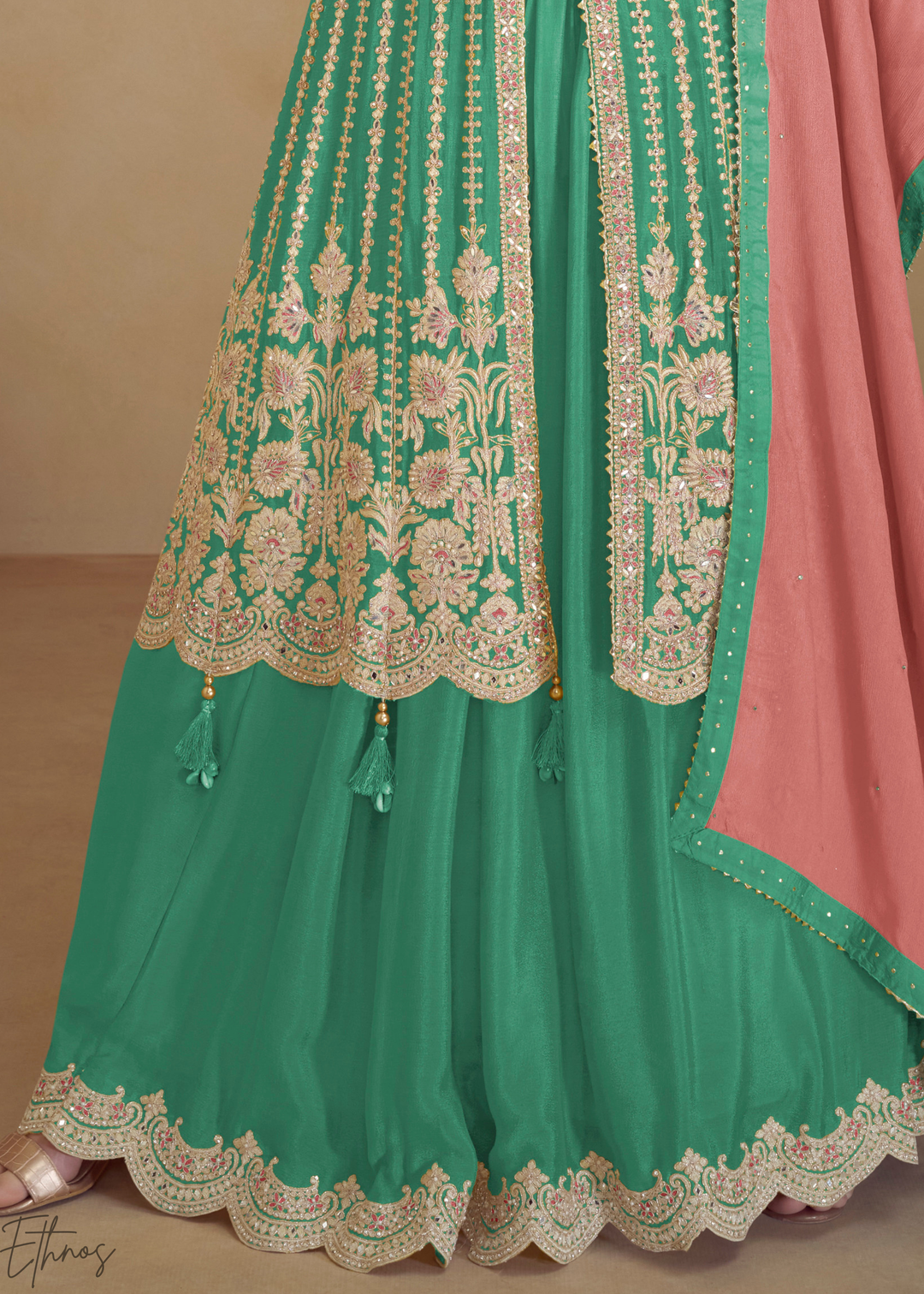 Green Embroidered Chinon Anarkali Lehenga Set