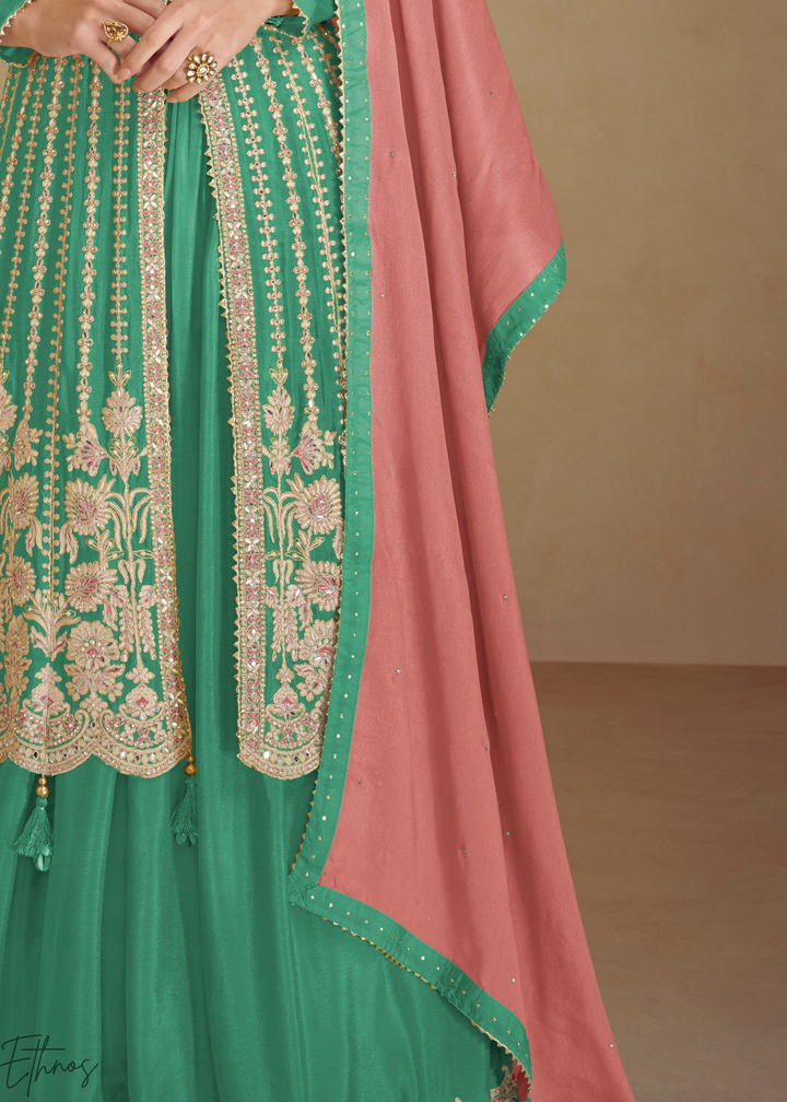 Green Embroidered Chinon Anarkali Lehenga Set