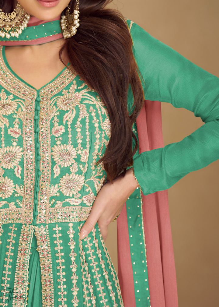 Green Embroidered Chinon Anarkali Lehenga Set