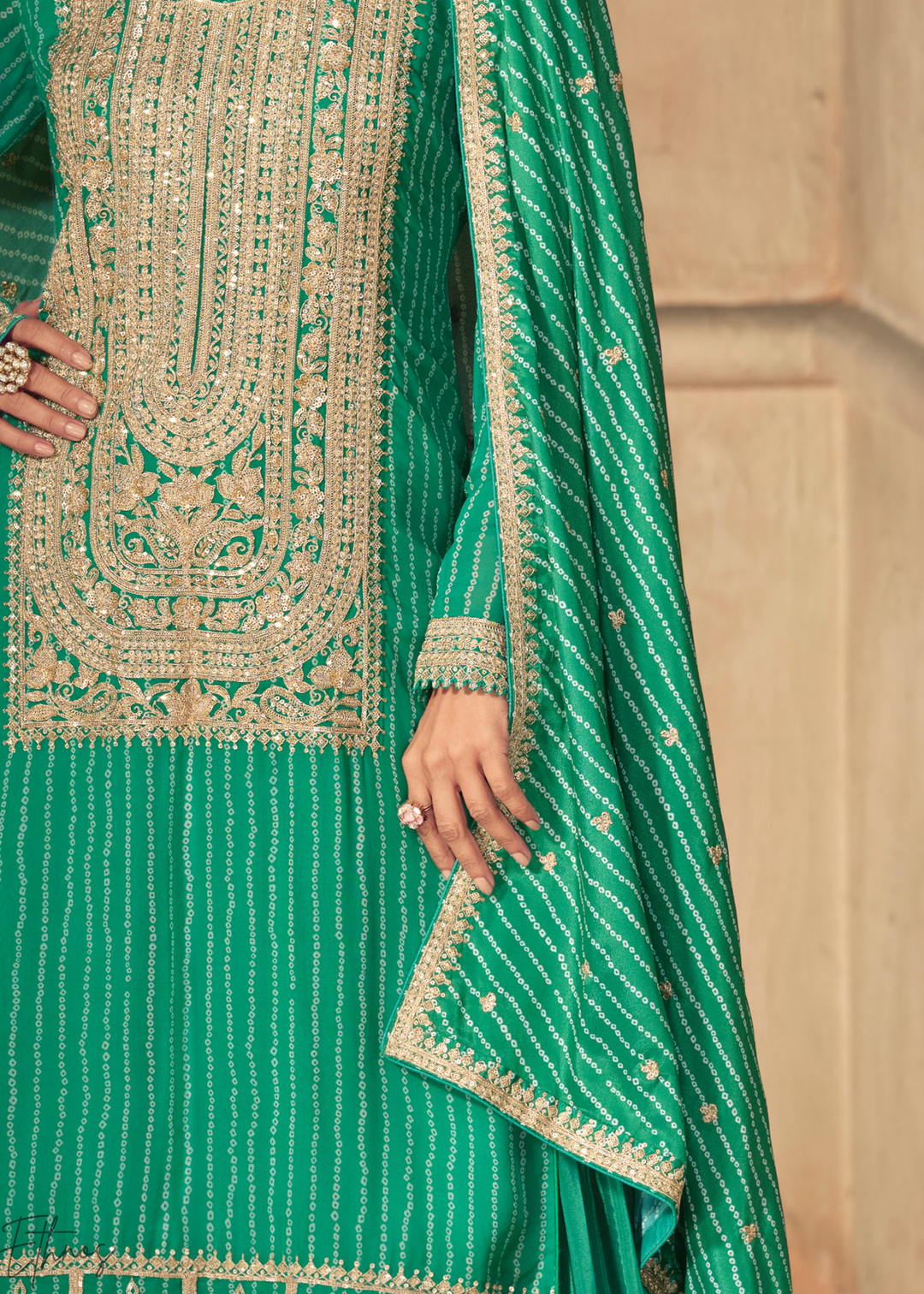 Green Embroidered Bandhani Chinon Palazzo Suit