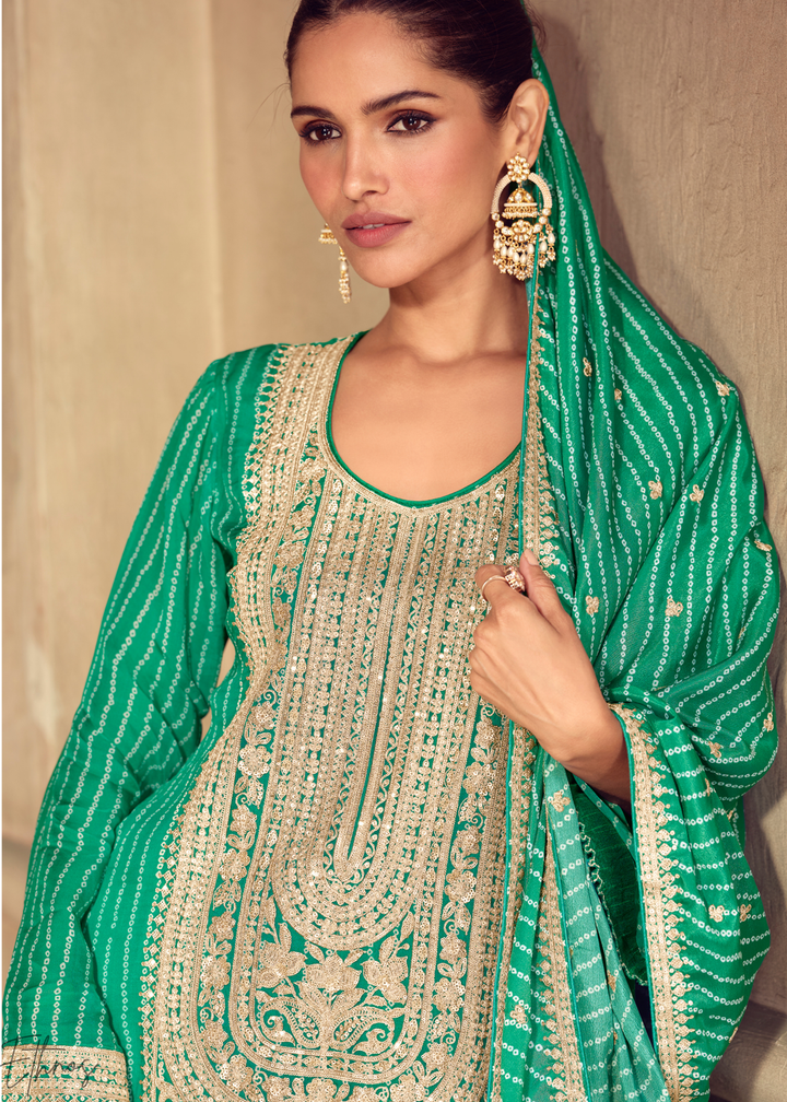 Green Embroidered Bandhani Chinon Palazzo Suit
