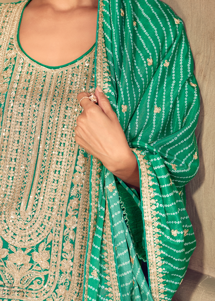 Green Embroidered Bandhani Chinon Palazzo Suit