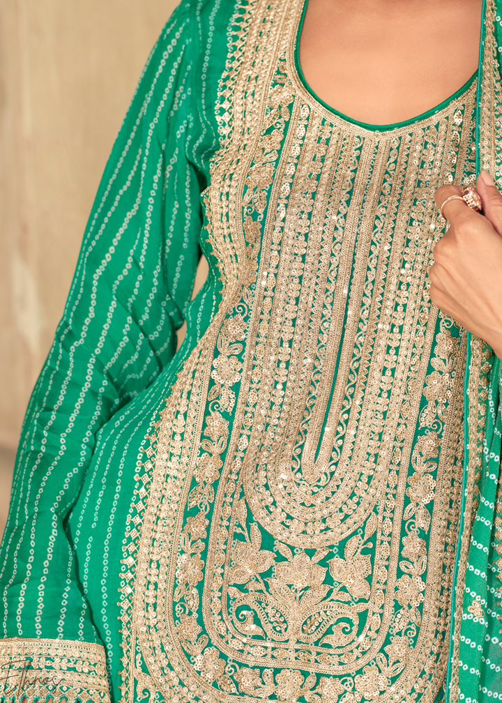 Green Embroidered Bandhani Chinon Palazzo Suit