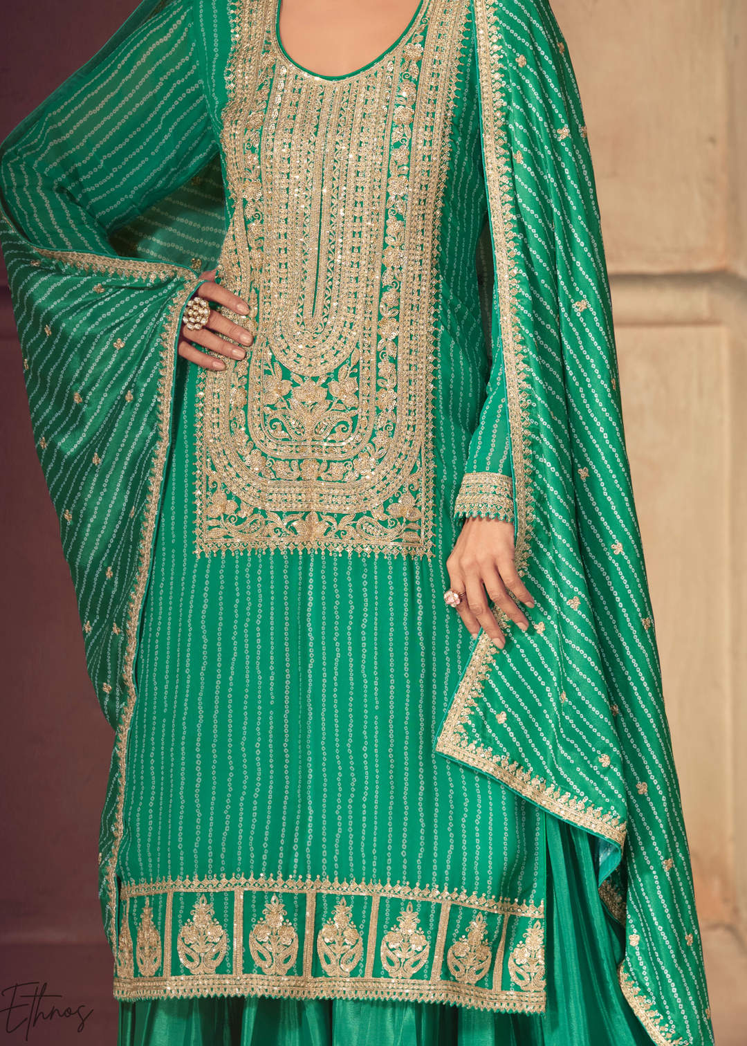 Green Embroidered Bandhani Chinon Palazzo Suit