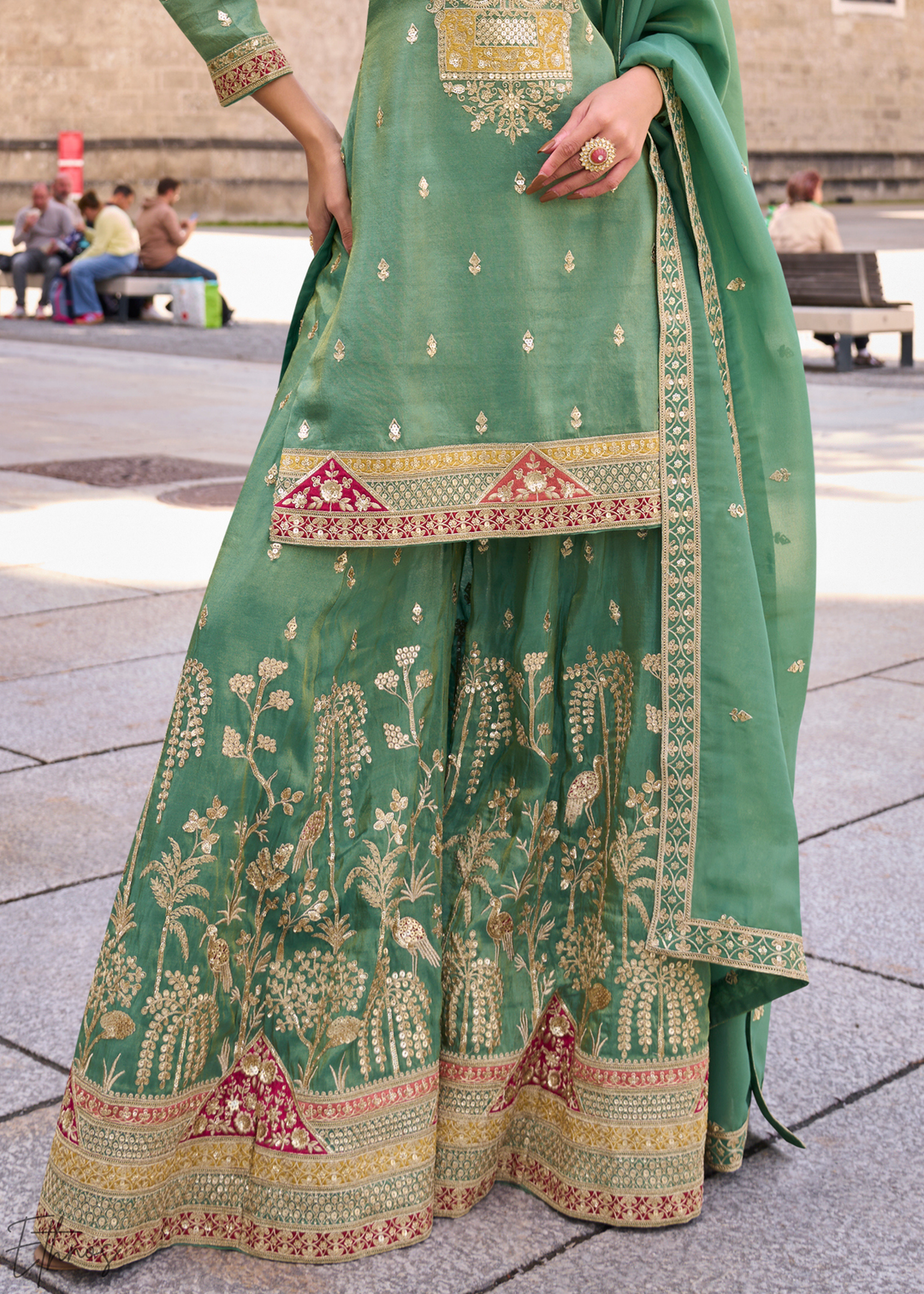 Sage Green Embroidered Simar Silk Palazzo Suit