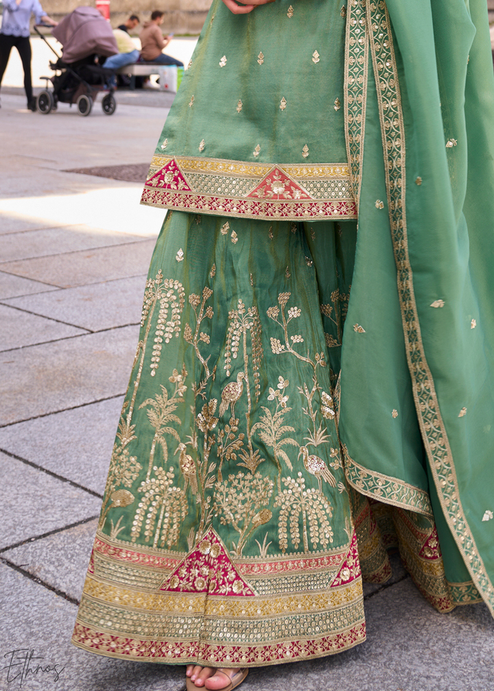 Sage Green Embroidered Simar Silk Palazzo Suit