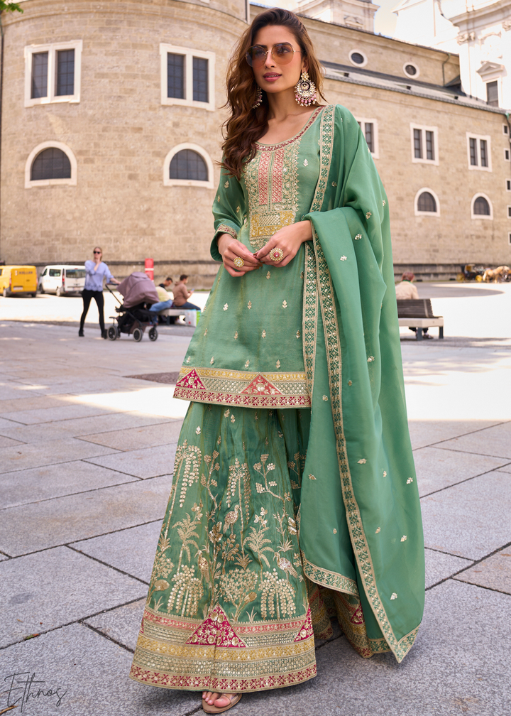 Sage Green Embroidered Simar Silk Palazzo Suit