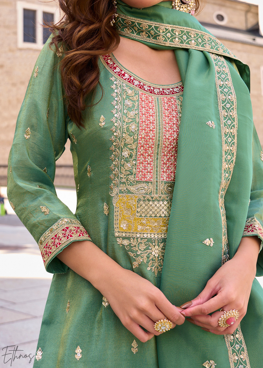 Sage Green Embroidered Simar Silk Palazzo Suit