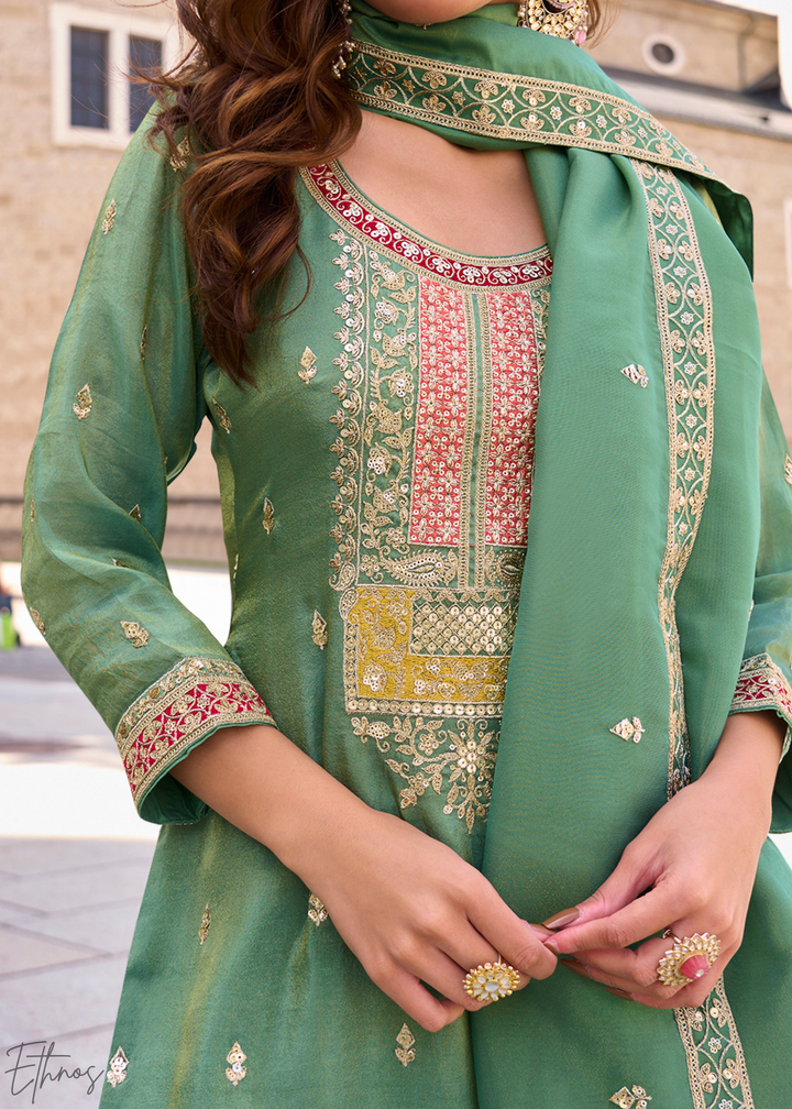 Sage Green Embroidered Simar Silk Palazzo Suit