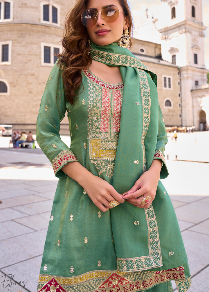 Sage Green Embroidered Simar Silk Palazzo Suit