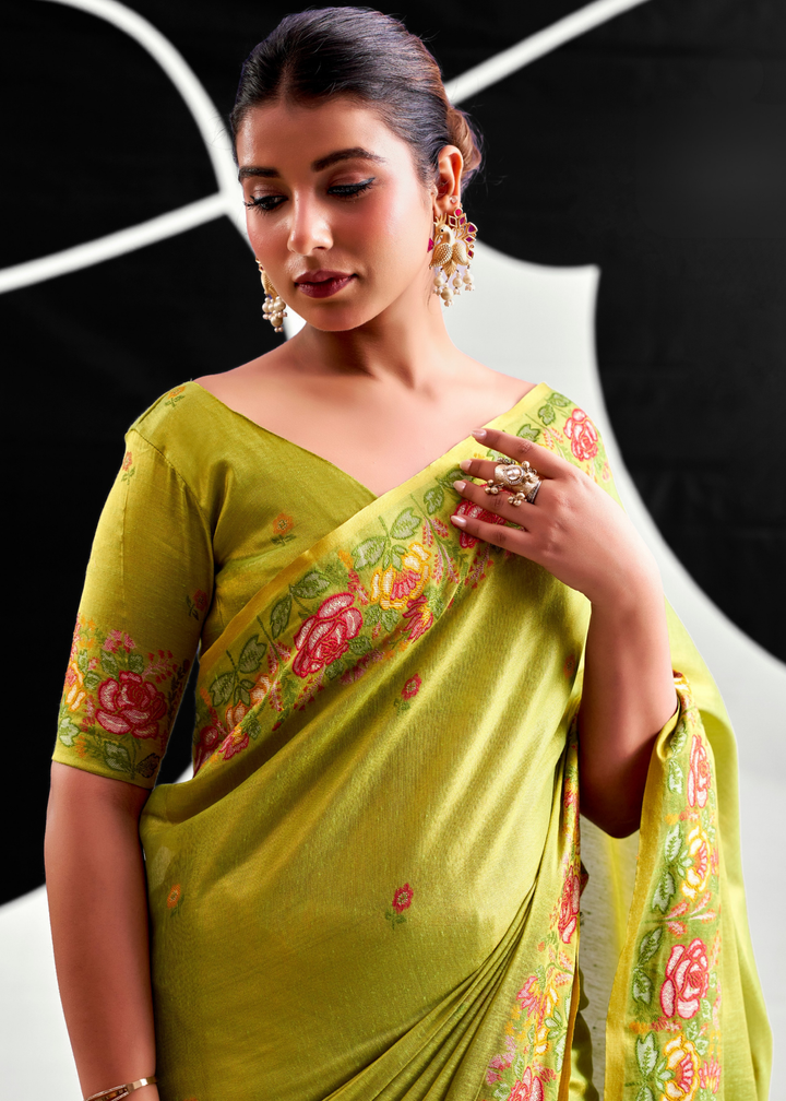 Sage Green Rose Border Saffron Tissue Saree