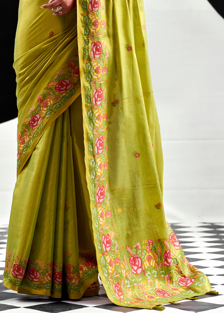 Sage Green Rose Border Saffron Tissue Saree