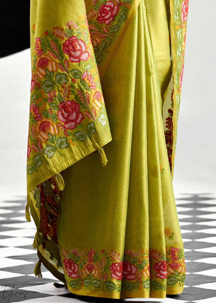 Sage Green Rose Border Saffron Tissue Saree