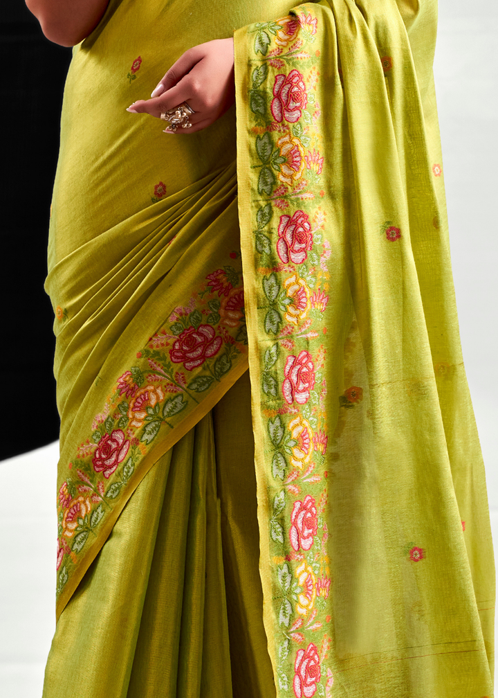 Sage Green Rose Border Saffron Tissue Saree