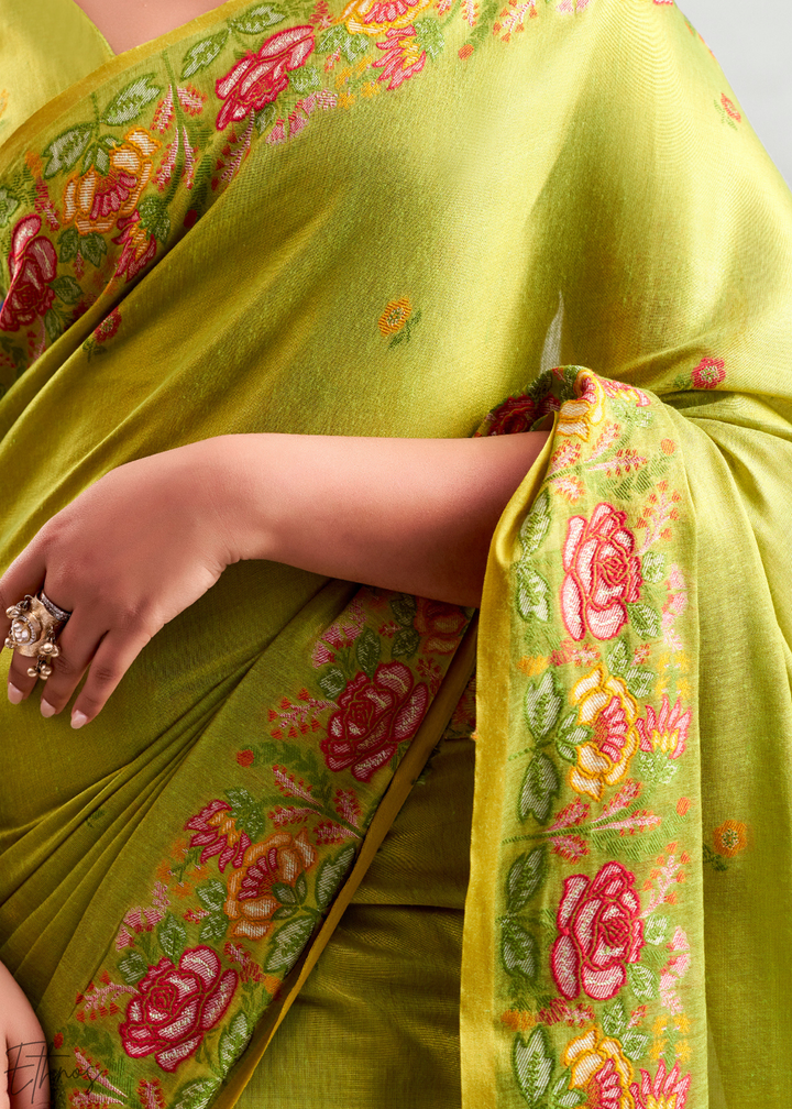 Sage Green Rose Border Saffron Tissue Saree