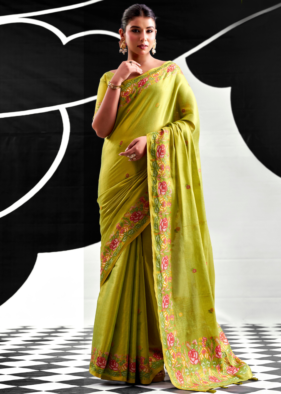 Sage Green Rose Border Saffron Tissue Saree