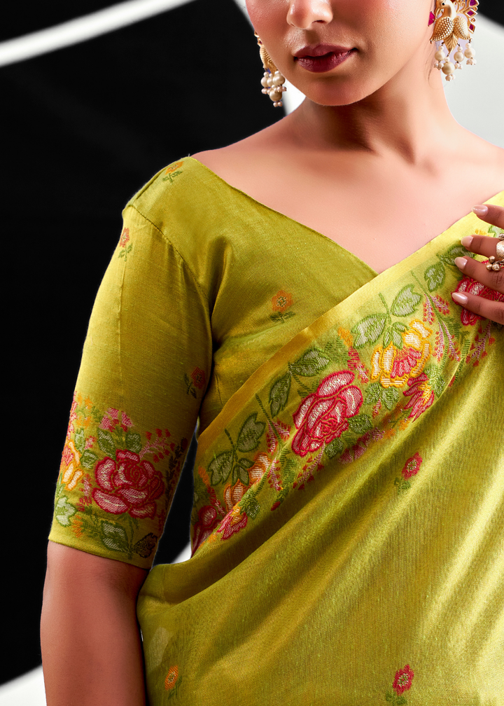 Sage Green Rose Border Saffron Tissue Saree