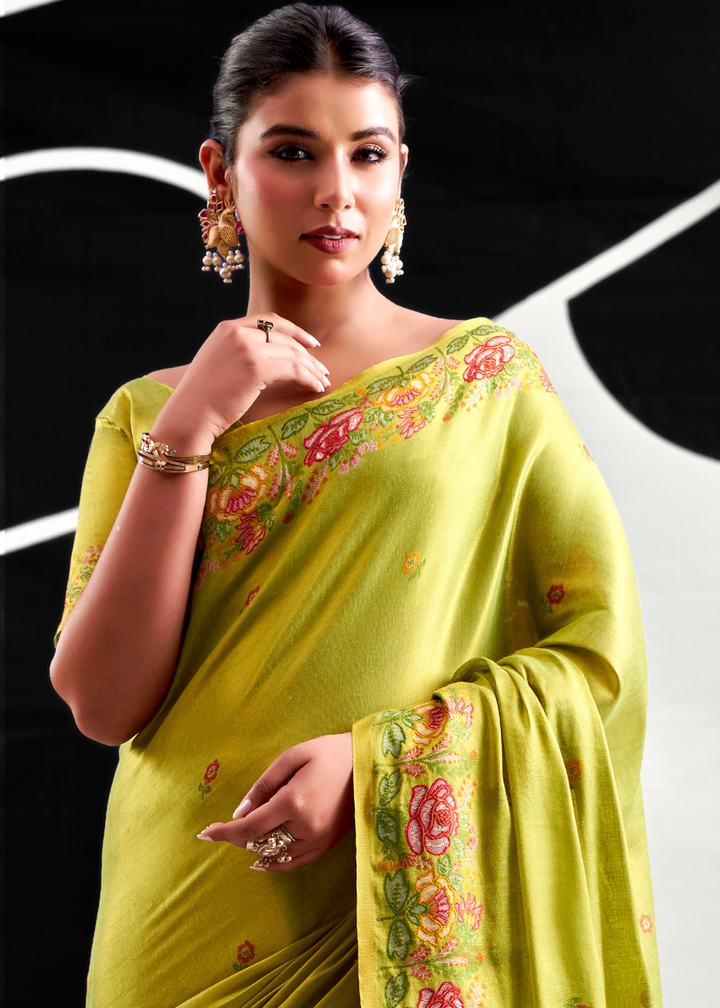 Sage Green Rose Border Saffron Tissue Saree