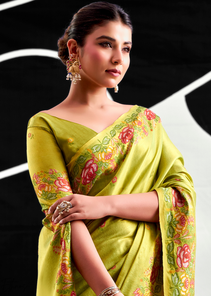 Sage Green Rose Border Saffron Tissue Saree