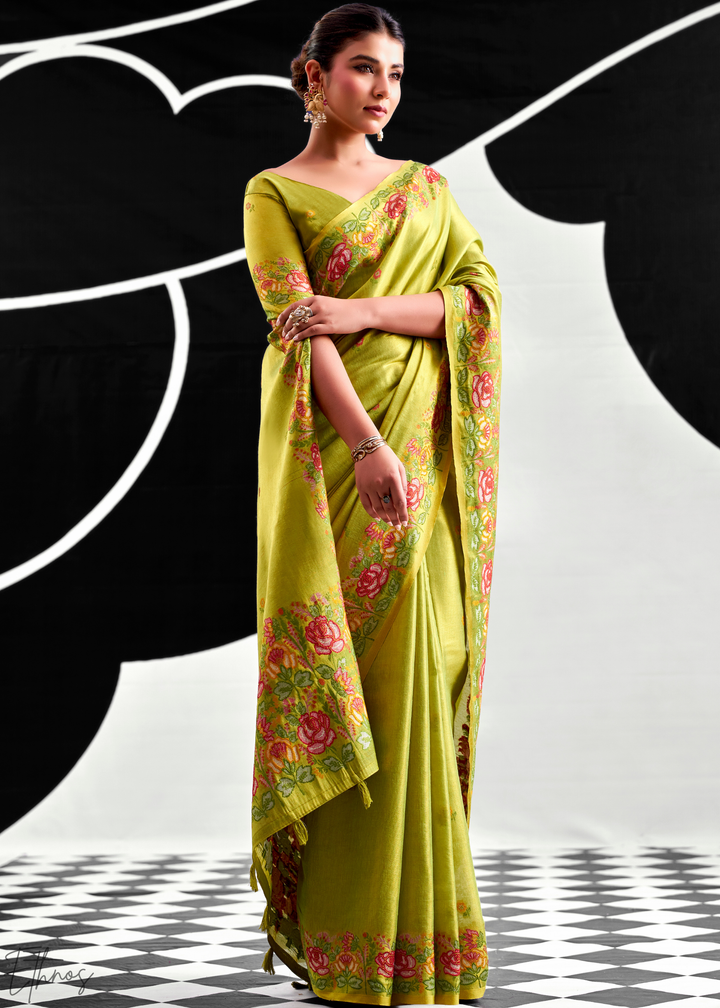 Sage Green Rose Border Saffron Tissue Saree