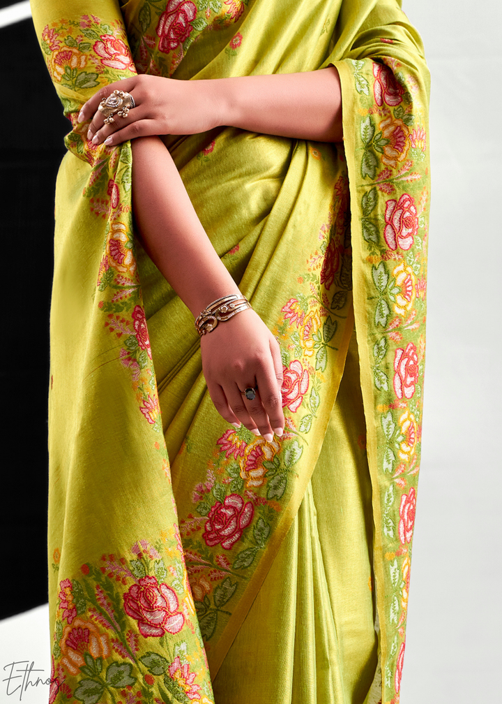 Sage Green Rose Border Saffron Tissue Saree