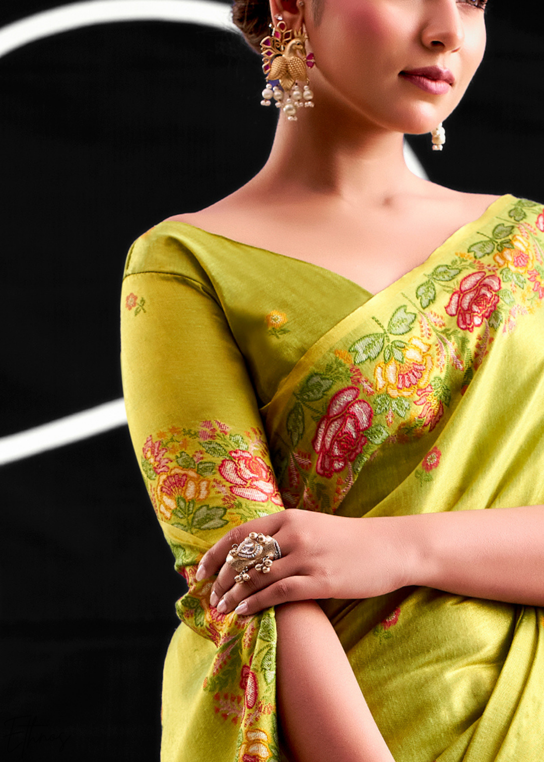 Sage Green Rose Border Saffron Tissue Saree