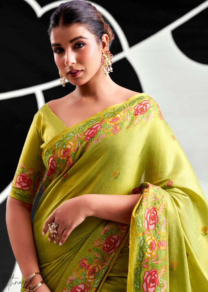 Sage Green Rose Border Saffron Tissue Saree