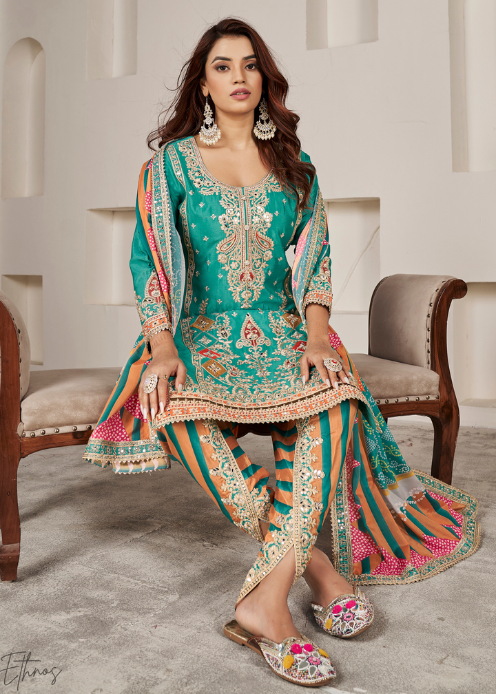 Sage Green Glaze Printed Chinon Dhoti Suit