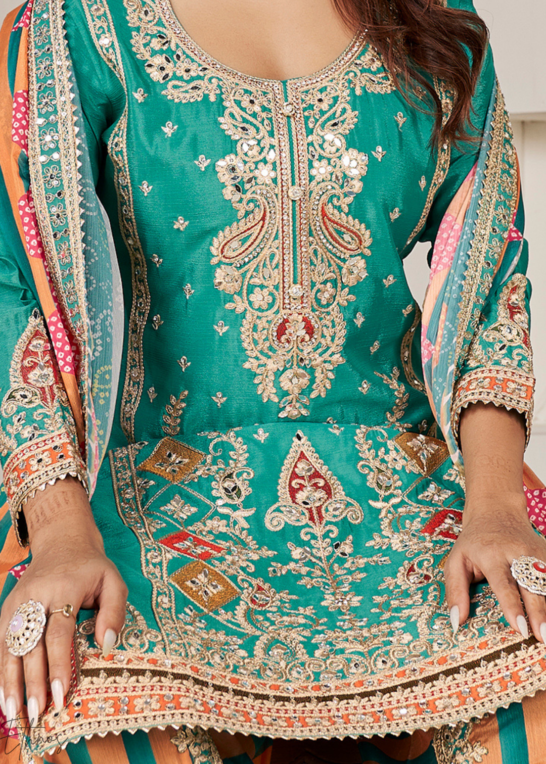 Sage Green Glaze Printed Chinon Dhoti Suit