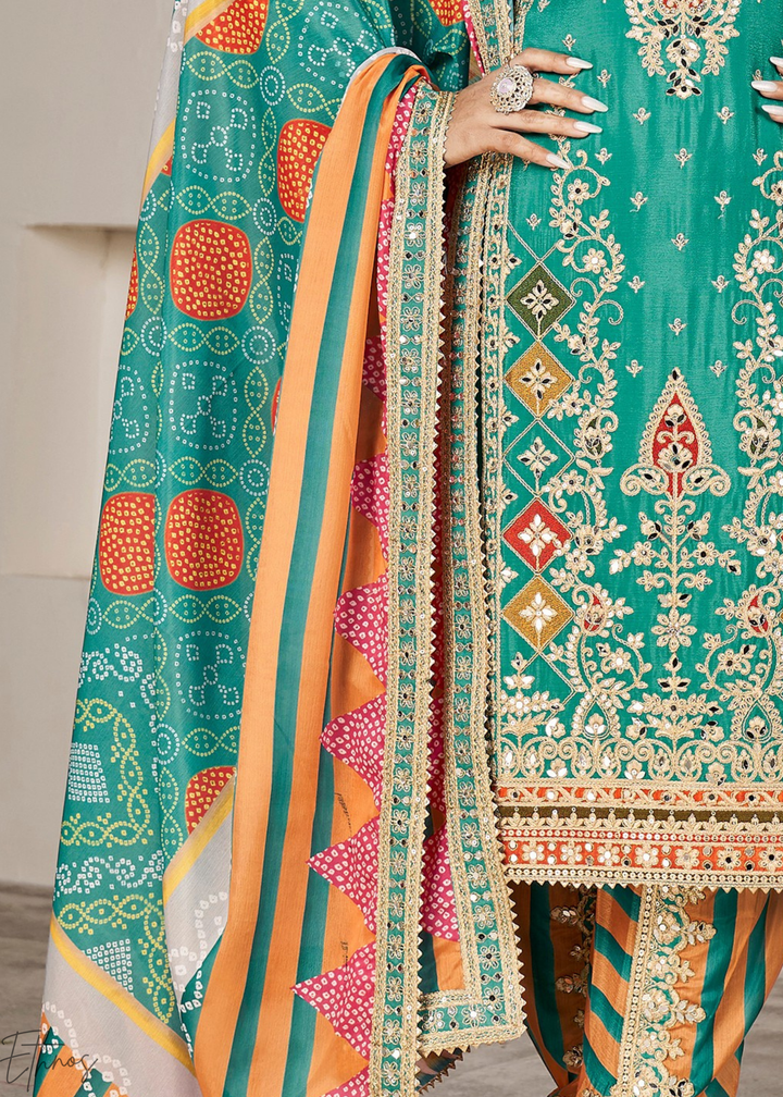 Sage Green Glaze Printed Chinon Dhoti Suit