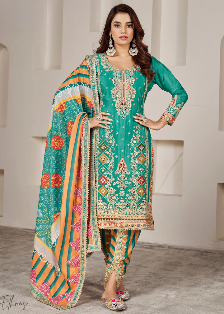 Sage Green Glaze Printed Chinon Dhoti Suit