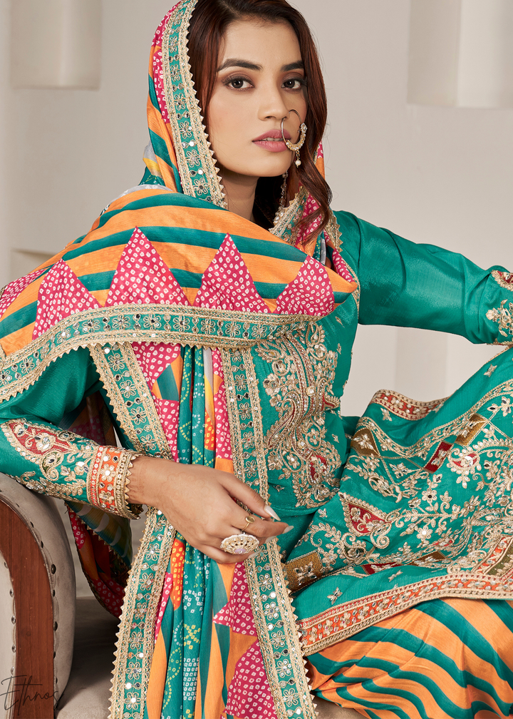 Sage Green Glaze Printed Chinon Dhoti Suit