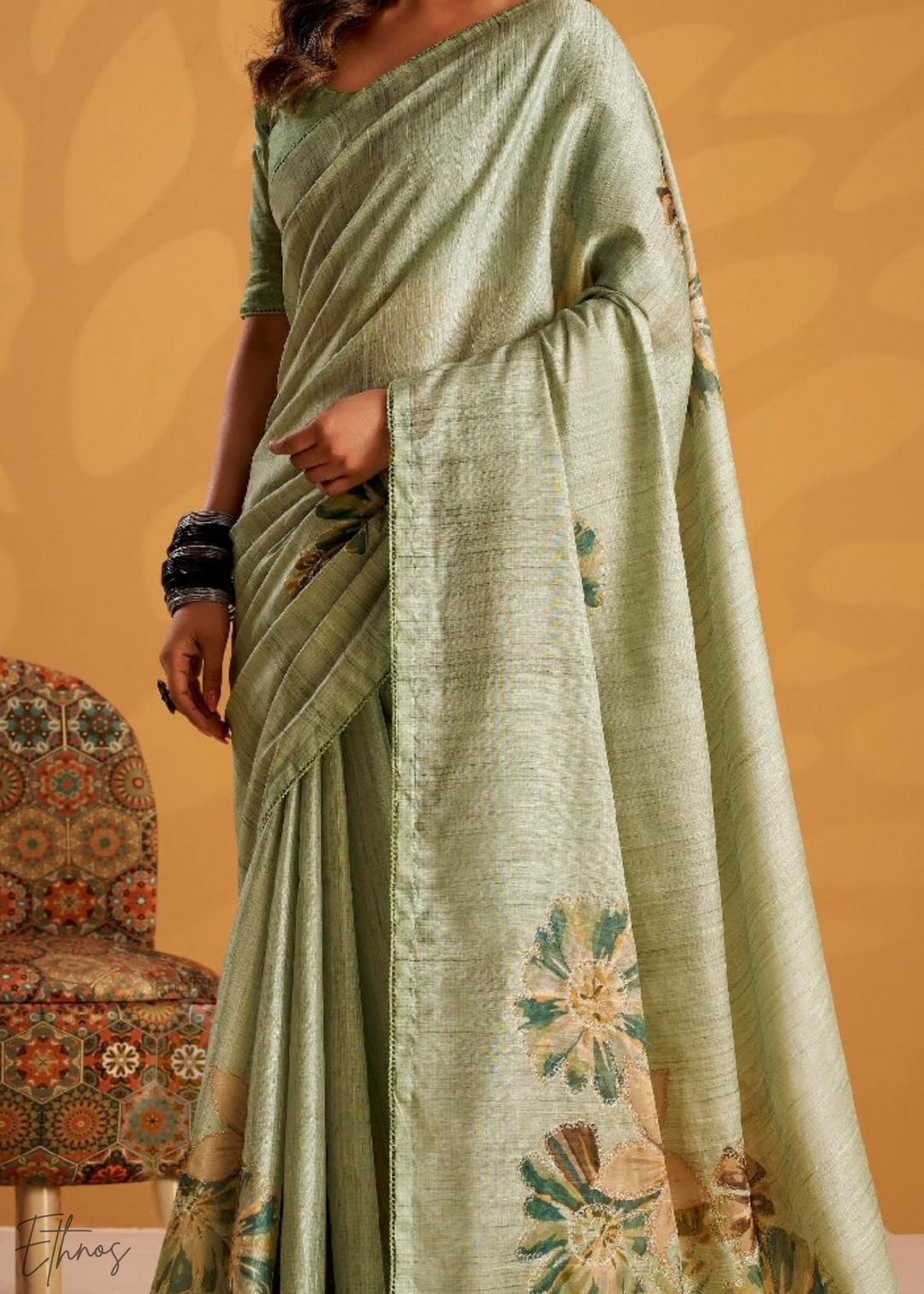Sage Green Kasheeda Tusser Silk Saree