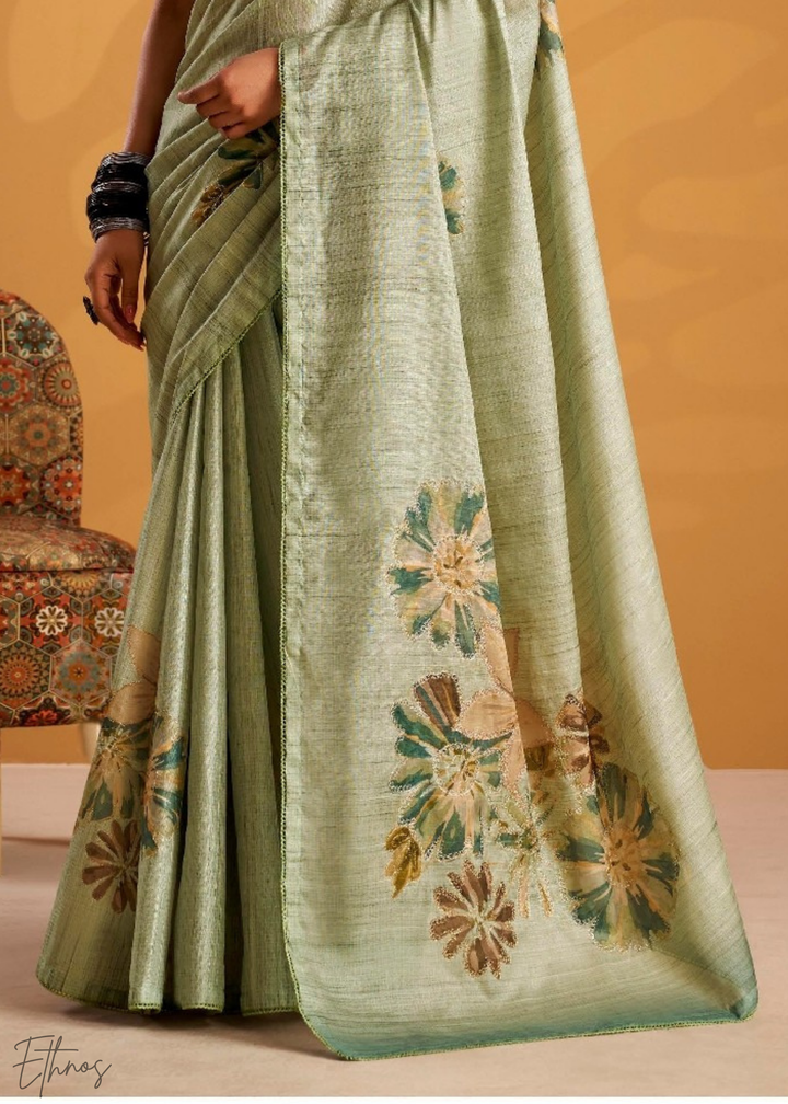 Sage Green Kasheeda Tusser Silk Saree