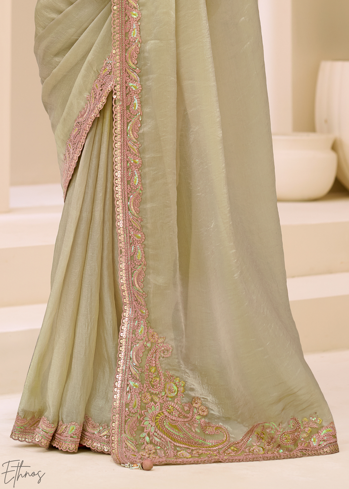 Sage Green Lustrous Sunsilk Tissue Saree