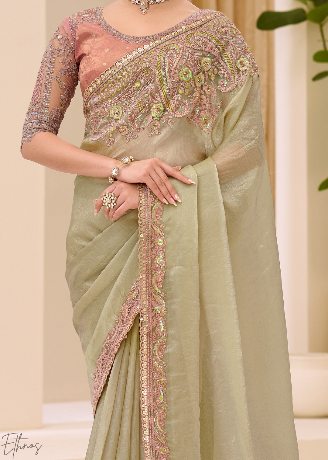 Sage Green Lustrous Sunsilk Tissue Saree