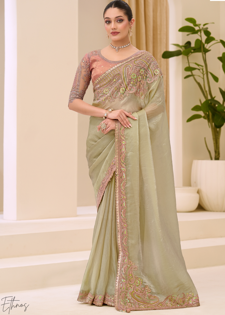 Sage Green Lustrous Sunsilk Tissue Saree