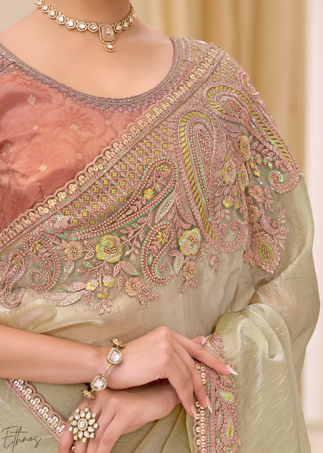 Sage Green Lustrous Sunsilk Tissue Saree