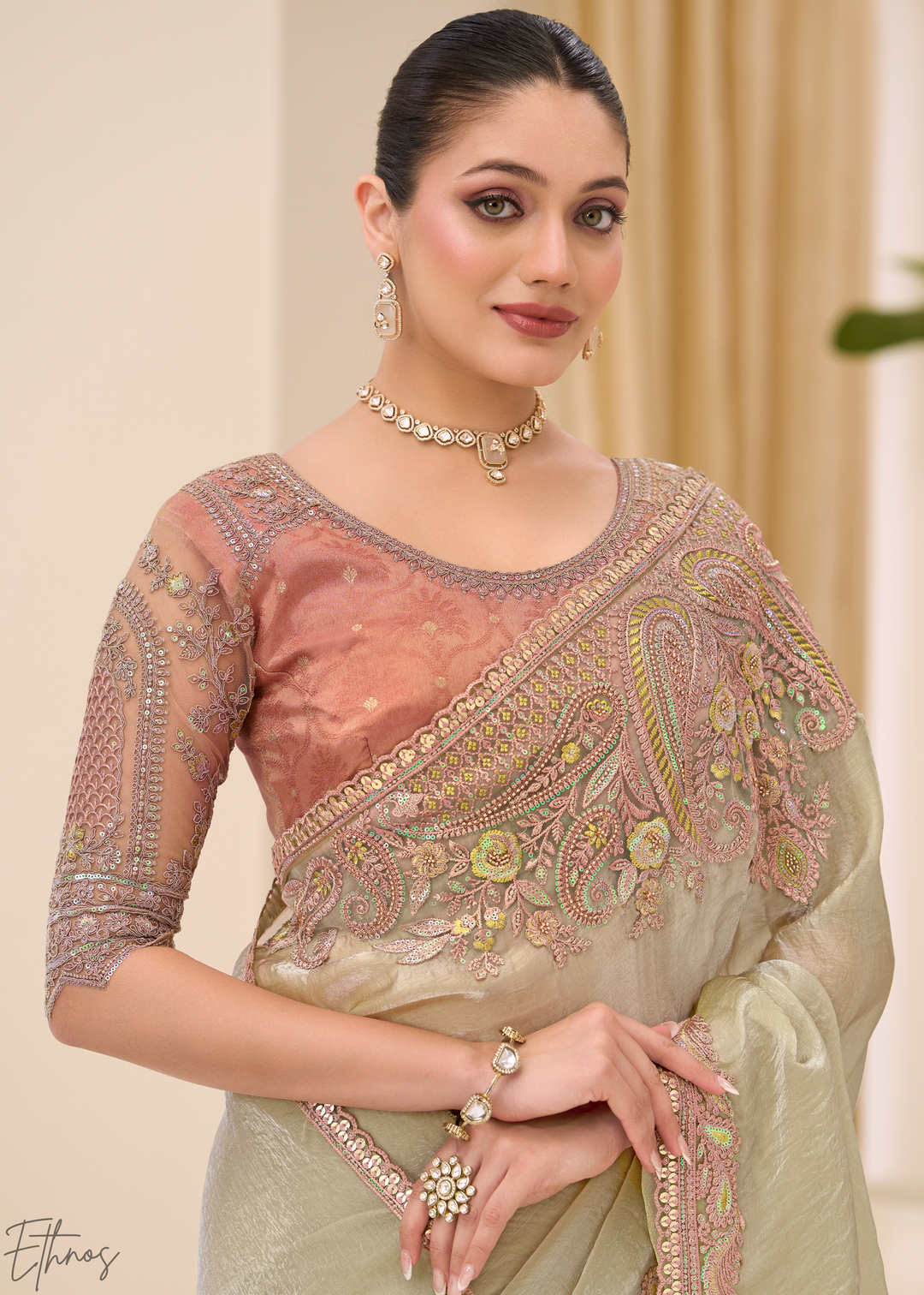 Sage Green Lustrous Sunsilk Tissue Saree