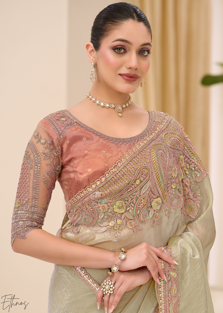 Sage Green Lustrous Sunsilk Tissue Saree