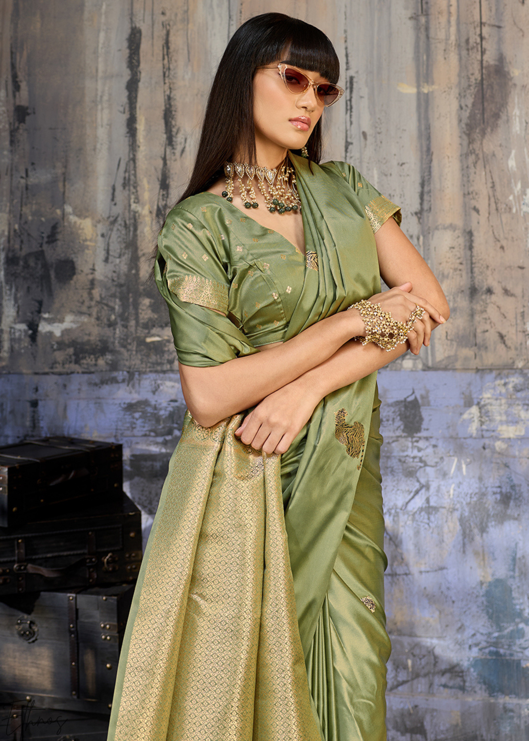Sage Green Majestic Feline Banarasi Satin Silk Saree