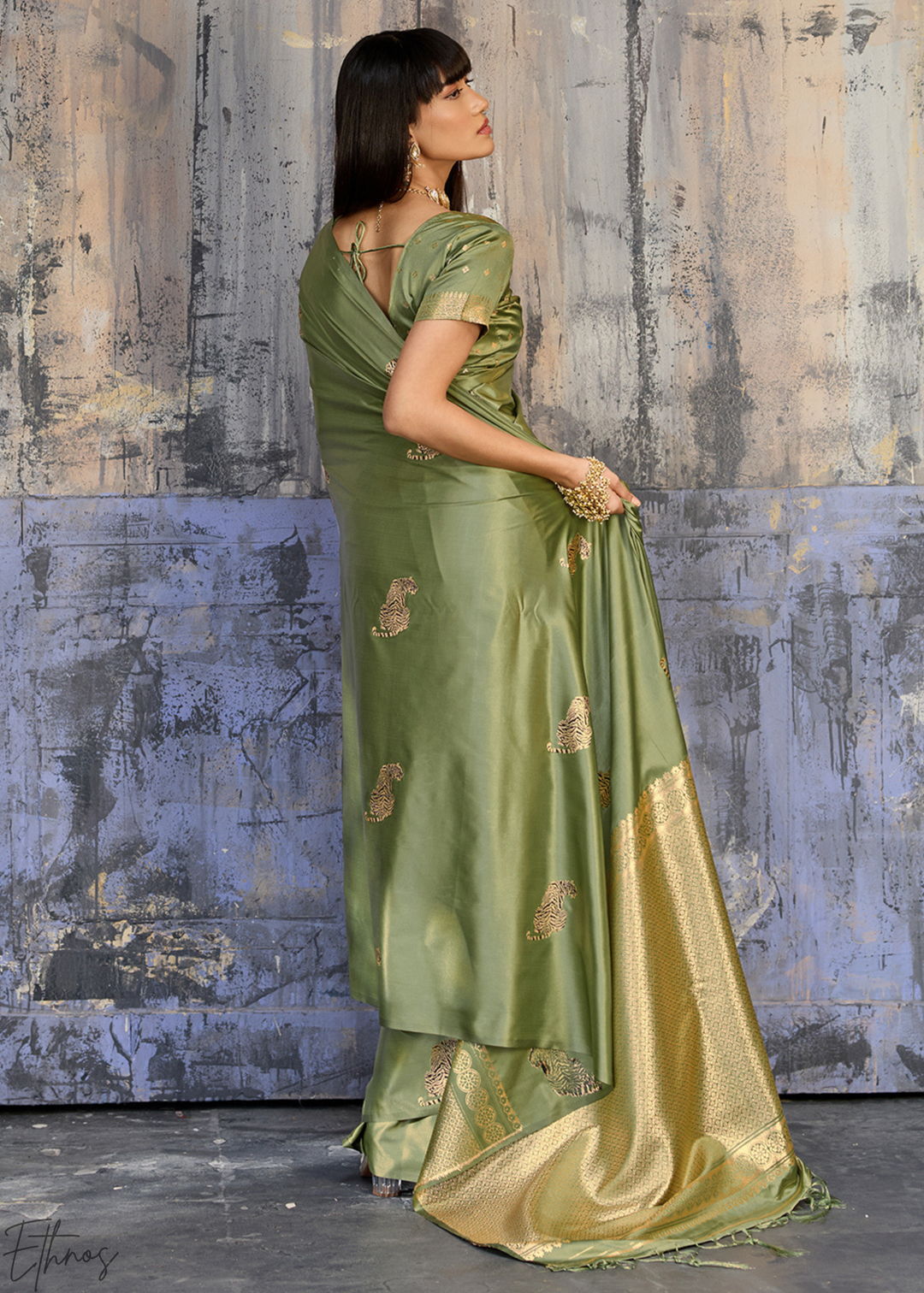 Sage Green Majestic Feline Banarasi Satin Silk Saree