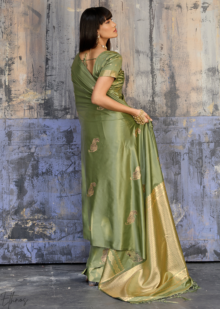 Sage Green Majestic Feline Banarasi Satin Silk Saree