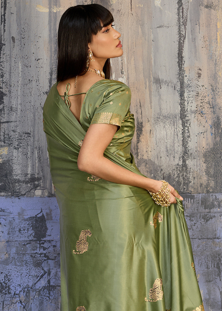 Sage Green Majestic Feline Banarasi Satin Silk Saree