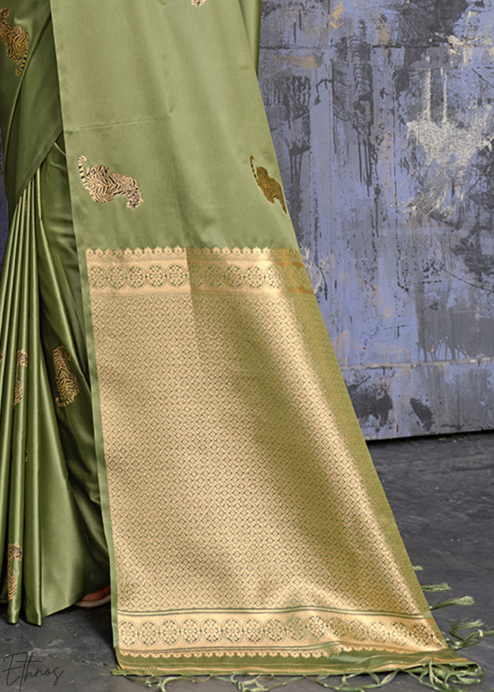 Sage Green Majestic Feline Banarasi Satin Silk Saree