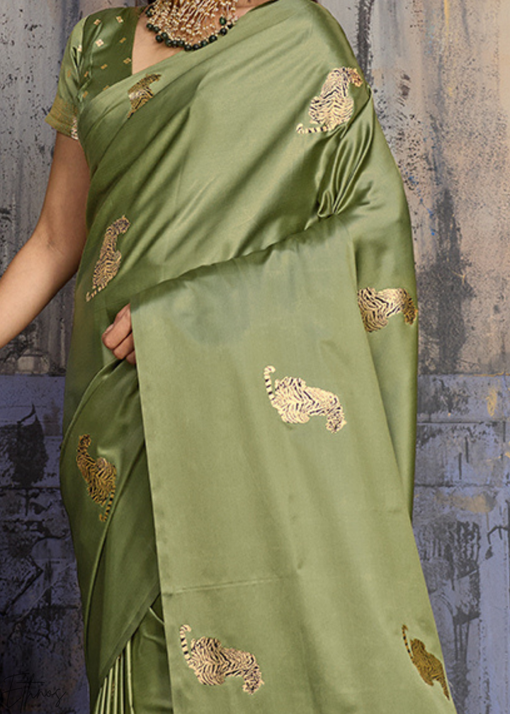 Sage Green Majestic Feline Banarasi Satin Silk Saree