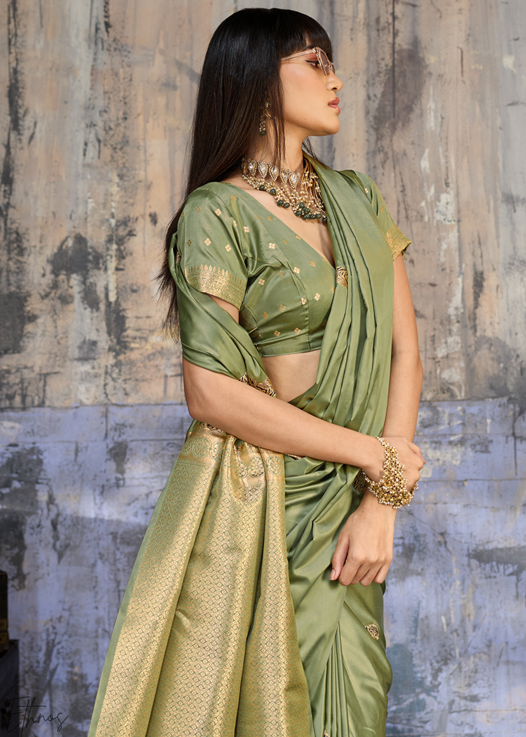 Sage Green Majestic Feline Banarasi Satin Silk Saree