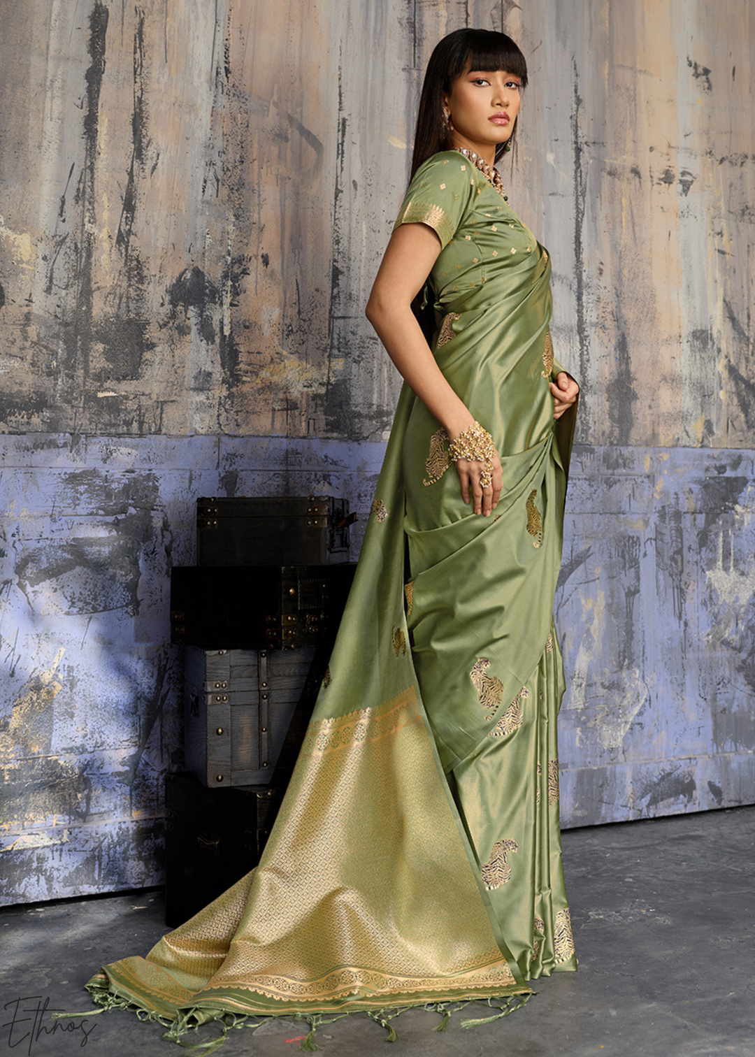 Sage Green Majestic Feline Banarasi Satin Silk Saree