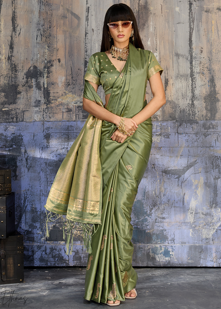 Sage Green Majestic Feline Banarasi Satin Silk Saree