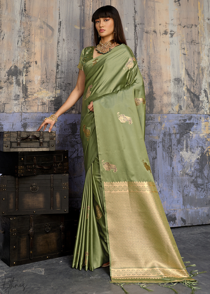 Sage Green Majestic Feline Banarasi Satin Silk Saree
